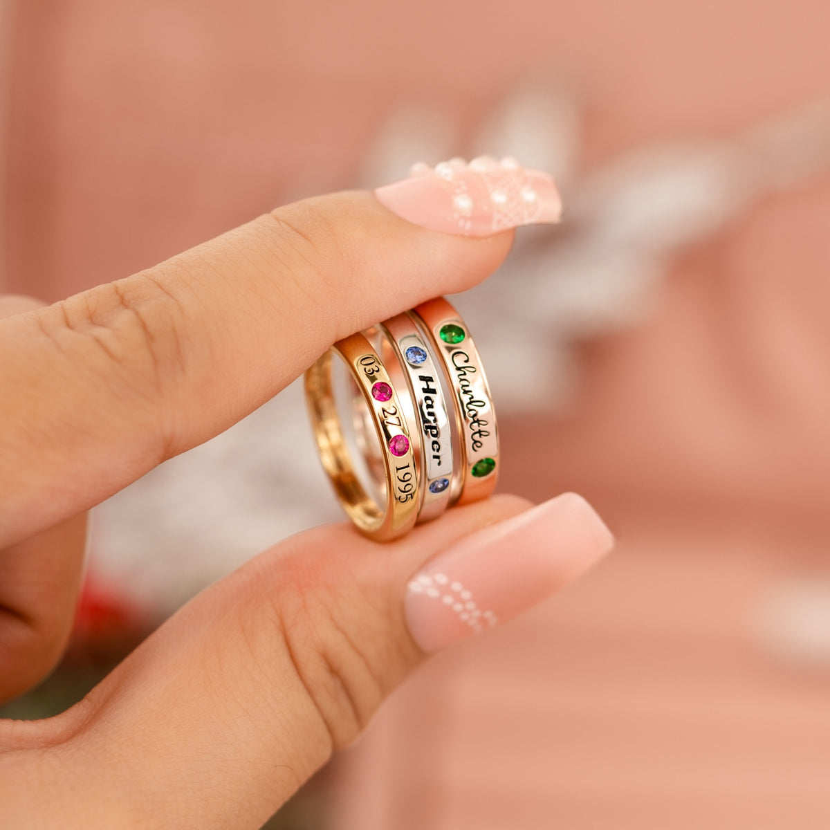 Rose Gold Stackable Birthstone Rings With Names Cursive Name Ring