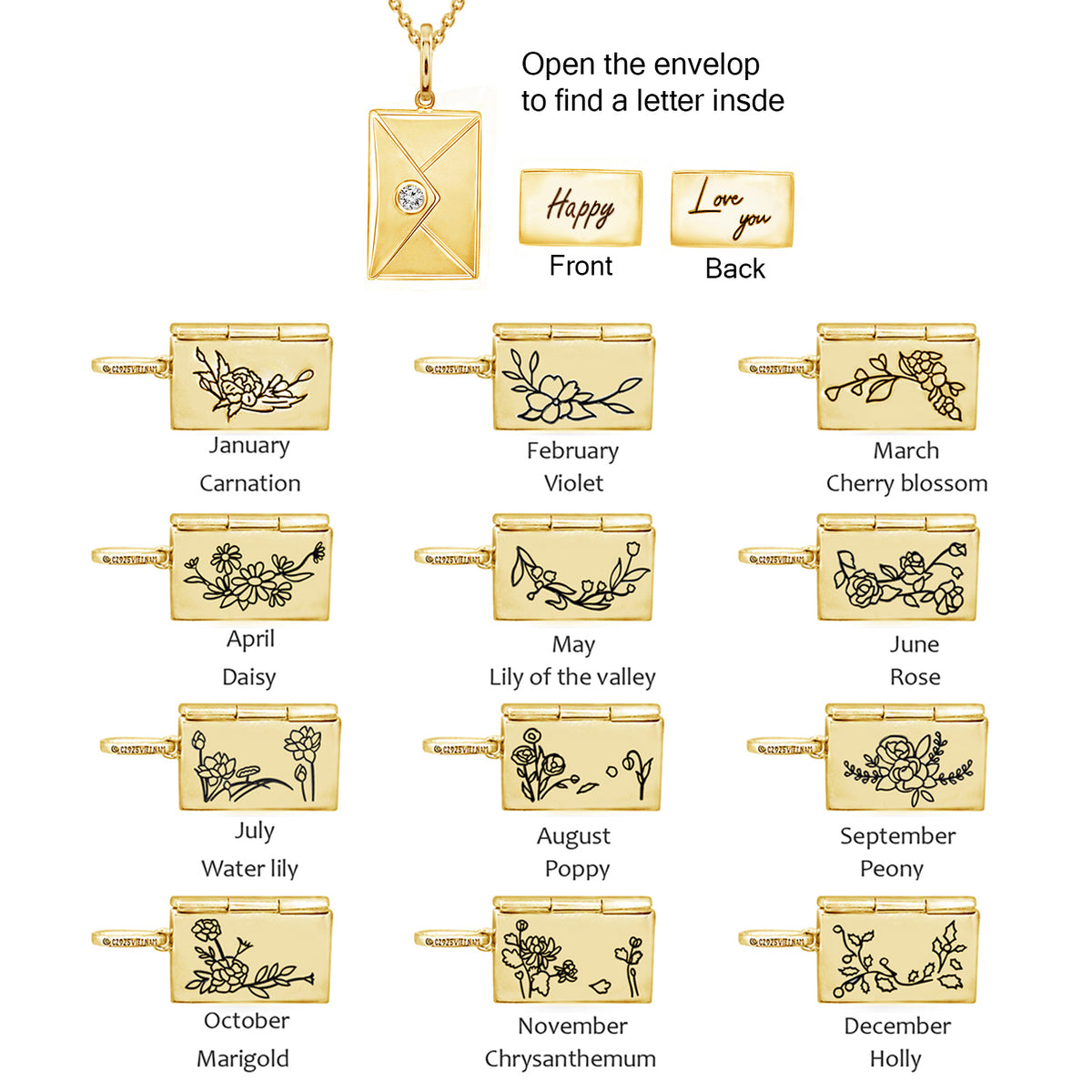 Envelope Pendant Necklace With Birth Month Flowers